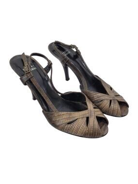 Stuart Weitzman Snakeskin Strappy Pumps Leather Peep Toe Brown Size 7.5M